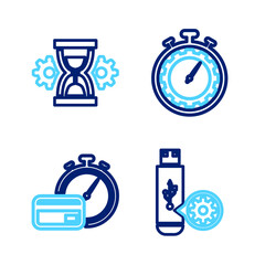 Poster - Set line USB flash drive setting, Fast payments, Time management and Hourglass icon. Vector