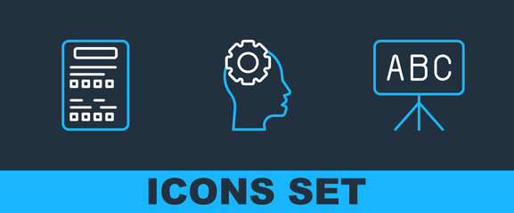 Poster - set line chalkboard, exam sheet and head with gear inside icon. vector