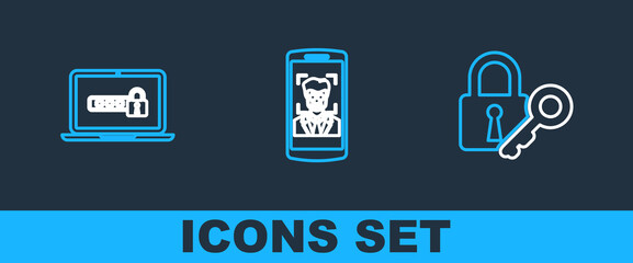 Poster - Set line Lock and key, Laptop with password and Mobile face recognition icon. Vector