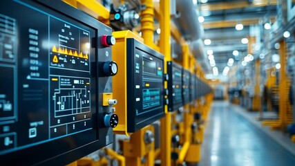Poster - control panels in a modern industrial facility displaying real-time data during operations