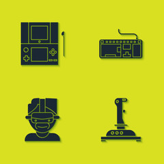 Poster - Set Portable video game console, Joystick for arcade machine, Virtual reality glasses and Computer keyboard icon. Vector