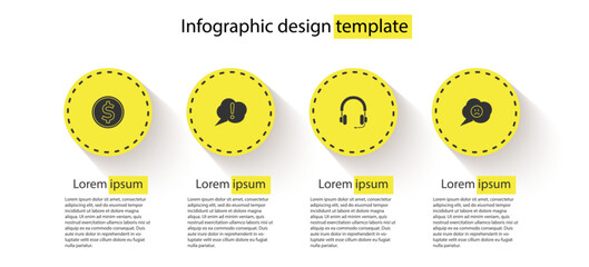 Poster - Set Coin money with dollar, Speech bubble Exclamation, Headphones and sad smile. Business infographic template. Vector