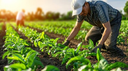 Wall Mural - Rows of healthy, green vegetables growing under the sun, with a farmer using traditional methods, showcasing sustainable agriculture