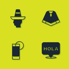 Wall Mural - Set Mexican man sombrero, Hola, Tequila glass with lemon and Poncho icon. Vector