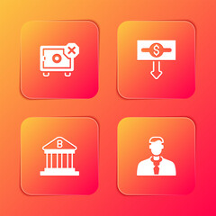 Poster - Set Safe, Dollar rate decrease, Bank building and Worker icon. Vector