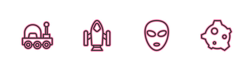 Poster - set line mars rover, alien, rocket ship and asteroid icon. vector