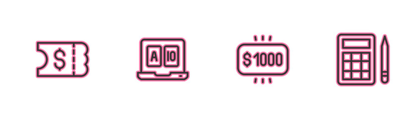Poster - set line lottery ticket, money prize in casino, online poker table game and bingo card icon. vector