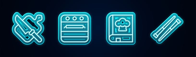 Sticker - Set line Cutting board and knife, Oven, Cookbook and Food chopsticks. Glowing neon icon. Vector