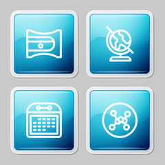 Poster - set line pencil sharpener, earth globe, calendar and chemical formula icon. vector