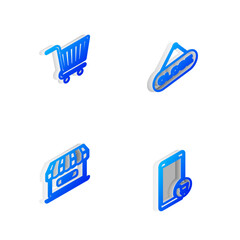 Poster - set isometric line hanging sign with close, shopping cart, online shopping and mobile and icon. vect