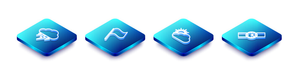 Poster - Set Isometric line Storm, Flag, Sun and cloud weather and Wrist watch icon. Vector