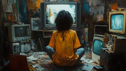 A Person Sitting in a Cluttered Room, Watching an Old Television