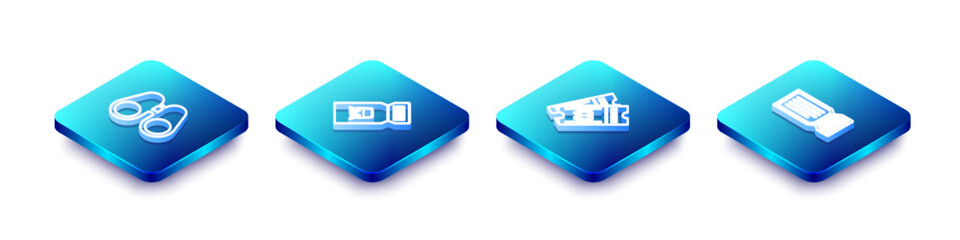 Poster - set isometric line binoculars, train ticket, bus and ticket icon. vector