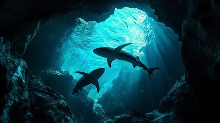 Two Sharks Swimming Through an Underwater Cave