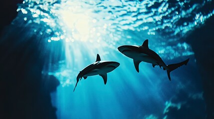 Poster - Shark tank, graceful predators, deep blue water close up, focus on, copy space, dramatic and intense, Double exposure silhouette with sharks 