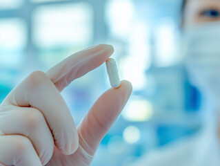 Hand Holding White Pill in Pharmacy with Blurred Shelves in Background. Pharmacist holding pills with two fingers, close-up, background, clean pharmacy