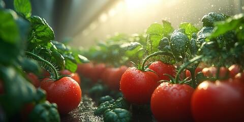 Wall Mural - Sunlight filtering through the leaves of a tomato plant, illuminating the plump, ripe tomatoes glistening with raindrops