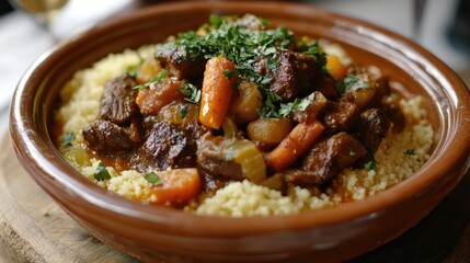 Canvas Print - A beautifully plated Moroccan tagine, filled with slow-cooked meat, vegetables, and spices, served with couscous.