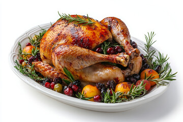 A whole roasted turkey on an elegant wooden platter, decorated with fresh herbs and berries against a white background. The photo captures the essence of traditional Thanksgiving, Christmas atmosphere