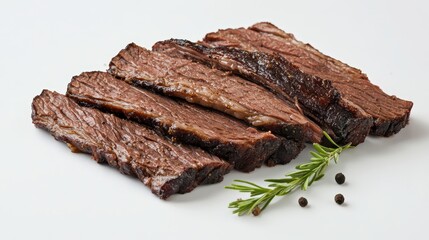 Beef brisket, cooked, tender and juicy, on a plain white backdrop.