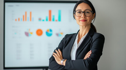 Confident Businesswoman with Data Presentation Background