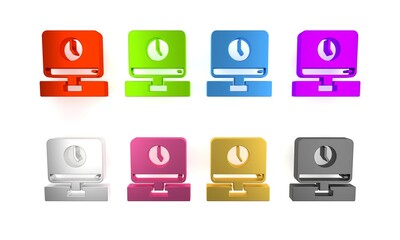 Poster - Colorful Computer monitor time icon isolated on white background. Electronic device. Front view. Minimalism concept. 3D render illustration