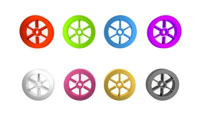 Poster - Colorful Bicycle wheel icon isolated on white background. Bike race. Extreme sport. Sport equipment. Minimalism concept. 3D render illustration