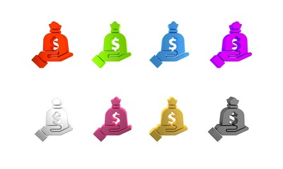 Wall Mural - Colorful Hand holding money bag icon isolated on white background. Dollar or USD symbol. Cash Banking currency sign. Minimalism concept. 3D render illustration