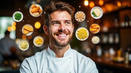 Wall Mural - in a vibrant restaurant kitchen, a cheerful chef stands with a bright smile, surrounded by an array 