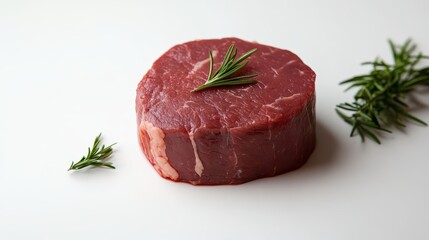 Beef filet mignon, raw, thick and fresh, on a white background.