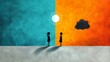© Sasint - Two people, one walking under a bright sun with a smile and the other under a rain cloud with a frown, symbolizing positive vs negative attitude