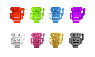 Poster - Colorful Robot low battery charge icon isolated on white background. Artificial intelligence, machine learning, cloud computing. Minimalism concept. 3D render illustration