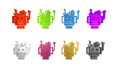 Poster - Colorful Broken robot icon isolated on white background. Artificial intelligence, machine learning, cloud computing. Minimalism concept. 3D render illustration