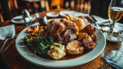 Canvas Print - A classic British roast dinner, with roasted meat, potatoes, Yorkshire pudding, and gravy, served on a large plate.