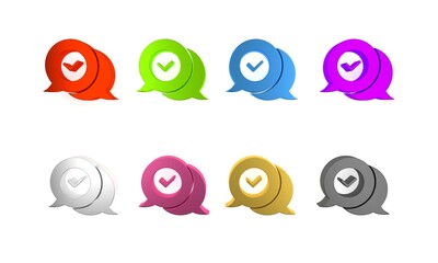 Poster - Colorful Check mark in speech bubble icon isolated on white background. Security, safety, protection, privacy concept. Tick mark approved. Minimalism concept. 3D render illustration
