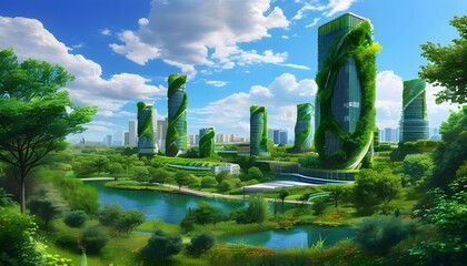 Canvas Print - Eco-friendly cityscape featuring green architecture, renewable energy innovations, and abundant urban greenery highlighting sustainability and environmental awareness.