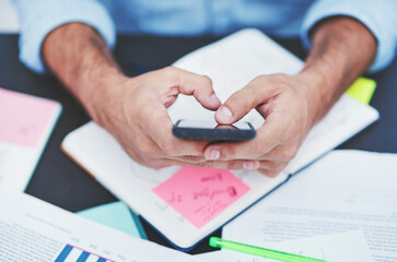 Poster - Businessman, hands and typing with phone for schedule planning, social media or news at office desk. Closeup, man or designer with mobile smartphone for online browsing, scrolling or app at workplace