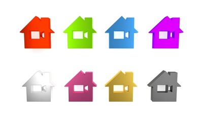 Poster - Colorful Video camera Off in home icon isolated on white background. No video. Minimalism concept. 3D render illustration