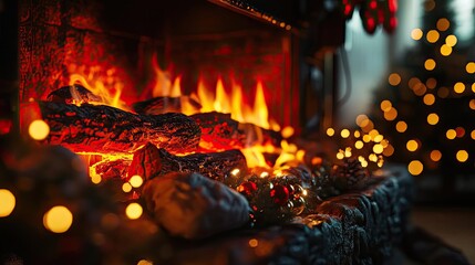 A cozy fireplace glowing with warm flames, surrounded by festive decorations and soft bokeh lights, perfect for holiday ambiance.