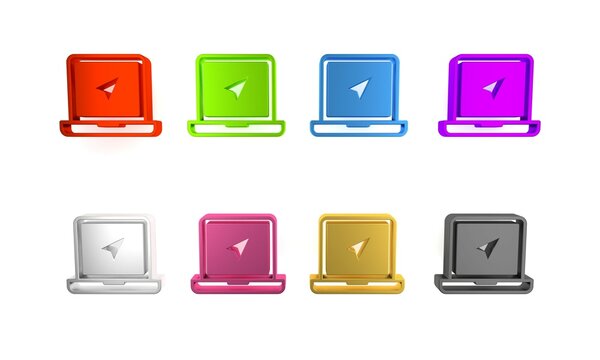 Colorful Laptop with location marker icon isolated on white background. Minimalism concept. 3D render illustration