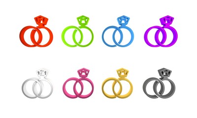 Canvas Print - Colorful Wedding rings icon isolated on white background. Bride and groom jewelry sign. Marriage symbol. Diamond ring. Minimalism concept. 3D render illustration