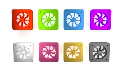 Poster - Colorful Computer cooler icon isolated on white background. PC hardware fan. Minimalism concept. 3D render illustration