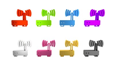 Poster - Colorful Router and wi-fi signal icon isolated on white background. Wireless ethernet modem router. Computer technology internet. Minimalism concept. 3D render illustration