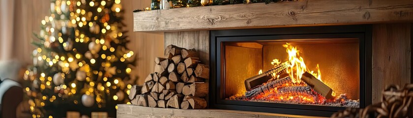 Aufkleber - A cozy fireplace adorned with logs, radiating warmth beside a beautifully lit Christmas tree, perfect for holiday gatherings.