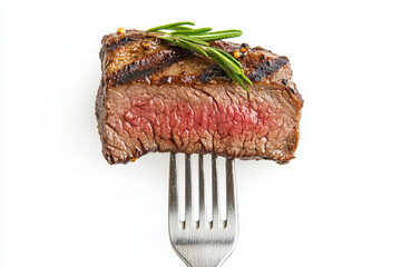 Wall Mural - Close-up food photography of a juicy beef steak with rosemary on a fork, isolated on a white background.