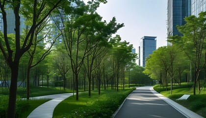 Sustainable urban oasis featuring pathways, trees, and modern architecture for relaxation and nature appreciation