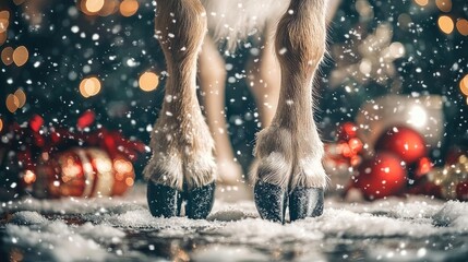 Poster - Close-up of a hoof in the snow, surrounded by festive ornaments and snowflakes, capturing a magical winter moment.