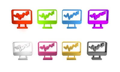 Wall Mural - Colorful Computer monitor with graph chart icon isolated on white background. Report text file icon. Accounting sign. Audit, analysis, planning. Minimalism concept. 3D render illustration