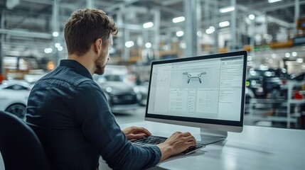 A professional engineer working on a computer design in a modern manufacturing facility during daylight hours