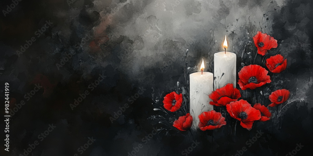 Two white burning candles with red poppies on a black background with ...